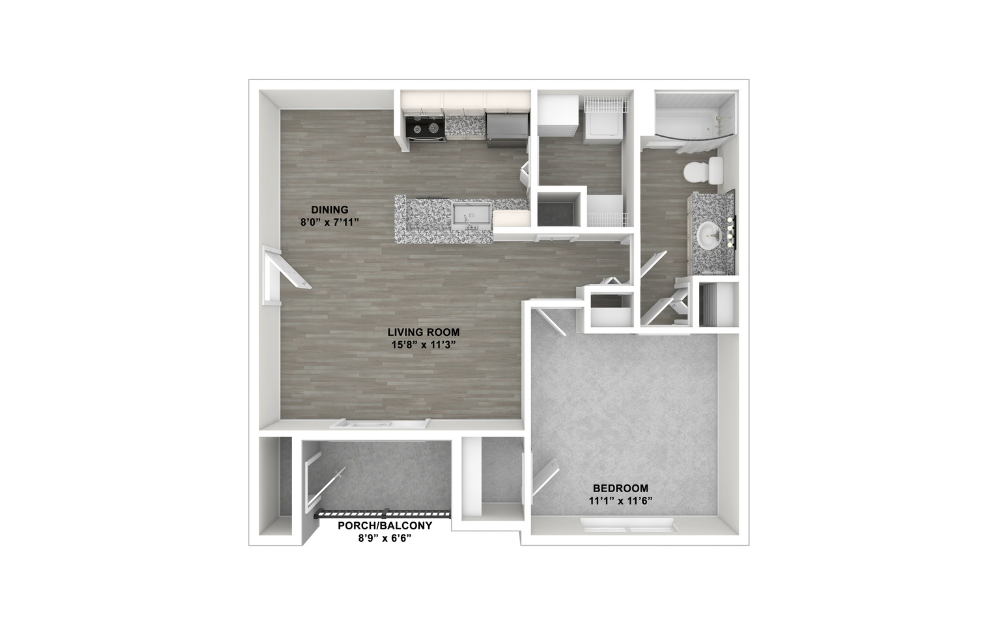 Bahamas - 1 bedroom floorplan layout with 1 bathroom and 850 square feet (Unfurnished, 3D)