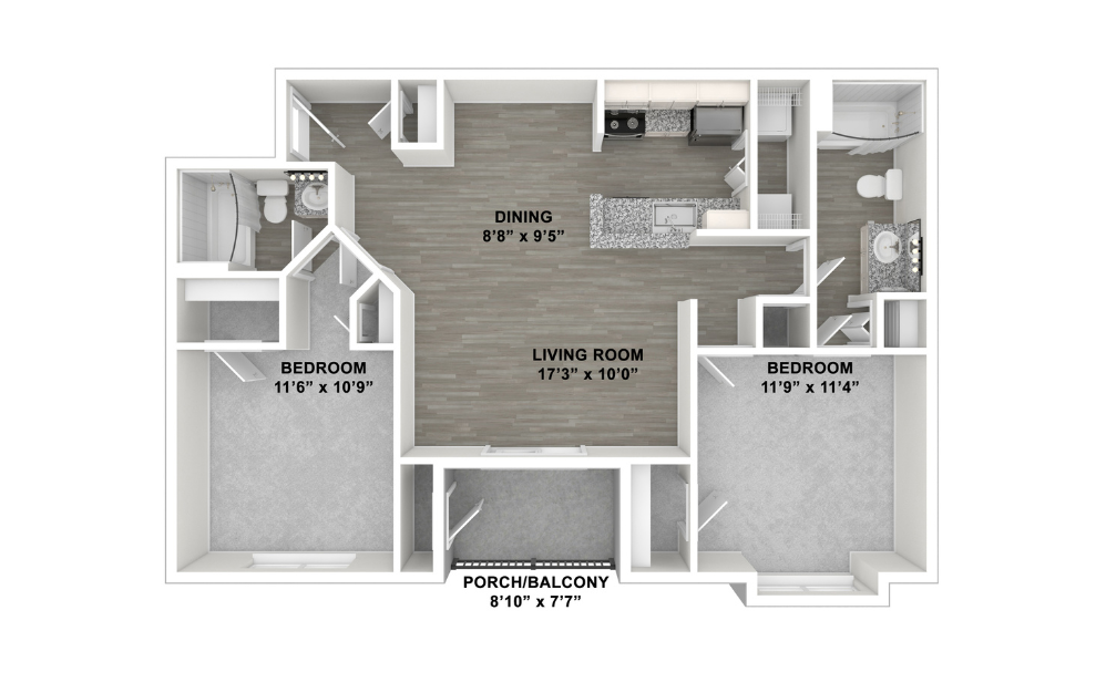 Catalina - 2 bedroom floorplan layout with 2 bathrooms and 1050 square feet (Unfurnished, 3D)