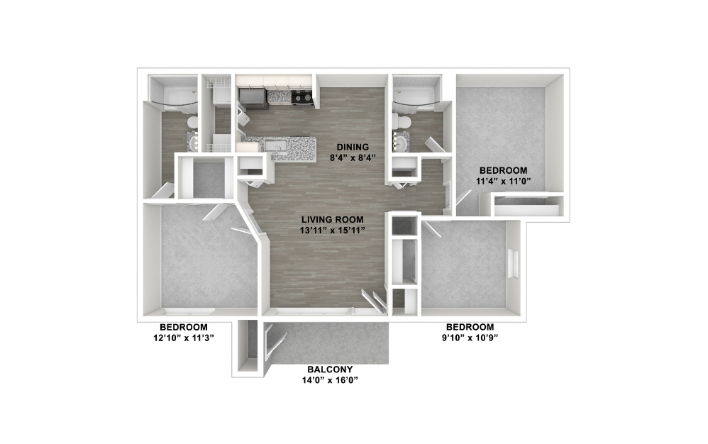 Tropez - 3 bedroom floorplan layout with 2 bathrooms and 1250 square feet (Unfurnished, 3D)