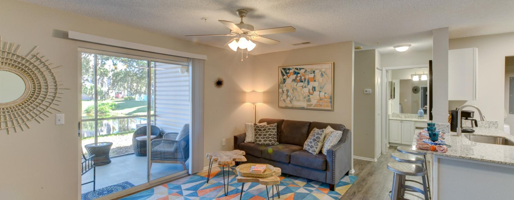 a living room with a blue rug